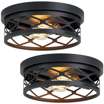 2 Pack 2-Light Matte Black Industrial Flush Mount Ceiling Light, Farmhouse Round Ceiling Lamp for Hallway Kitchen Entryway(No light bulb)