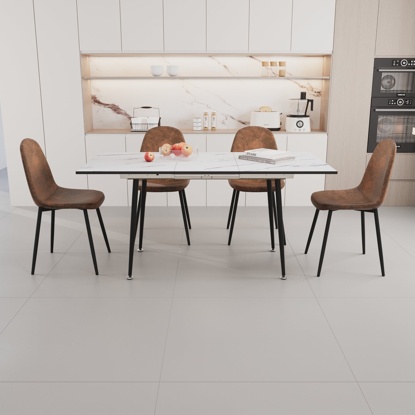 47'-63' extendable MDF modern dining table and chair set, suitable for 2-6 people, white dining table and modern brown round dining chair 4-piece set, metal base and suede chair