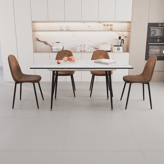 47'-63' extendable MDF modern dining table and chair set, suitable for 2-6 people, white dining table and modern brown round dining chair 4-piece set, metal base and suede chair