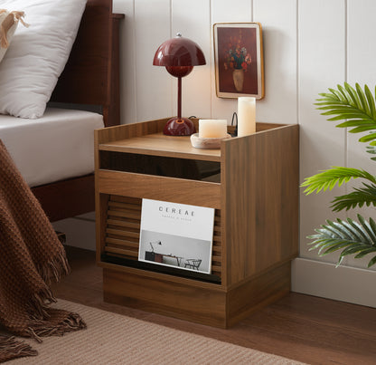 Mid Century Modern Nightstand with Charging Station and LED lights, Night Stand with 2 Drawers, Bedside Tables/End Table for Bedroom or Living Room, Brown