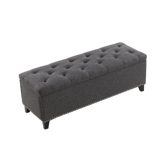 Dark Grey Linen Button-Tufted Storage Ottoman with Safety Close Hinge, 47.5' x 16.5' x 16.25', Plywood Construction for Living Room, Entryway, Hallway