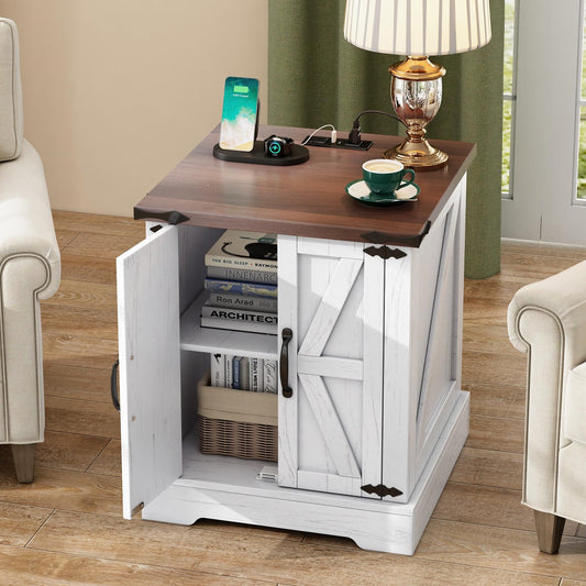 Farmhouse End Table with Charging Station, Rustic Wood Nightstand with Adjustable Shelf, 19.6"W Versatile Walnut Side Table with Barn Doors & Retro Hinges for Living Room, White(OLD SKU: N721P246478K)
