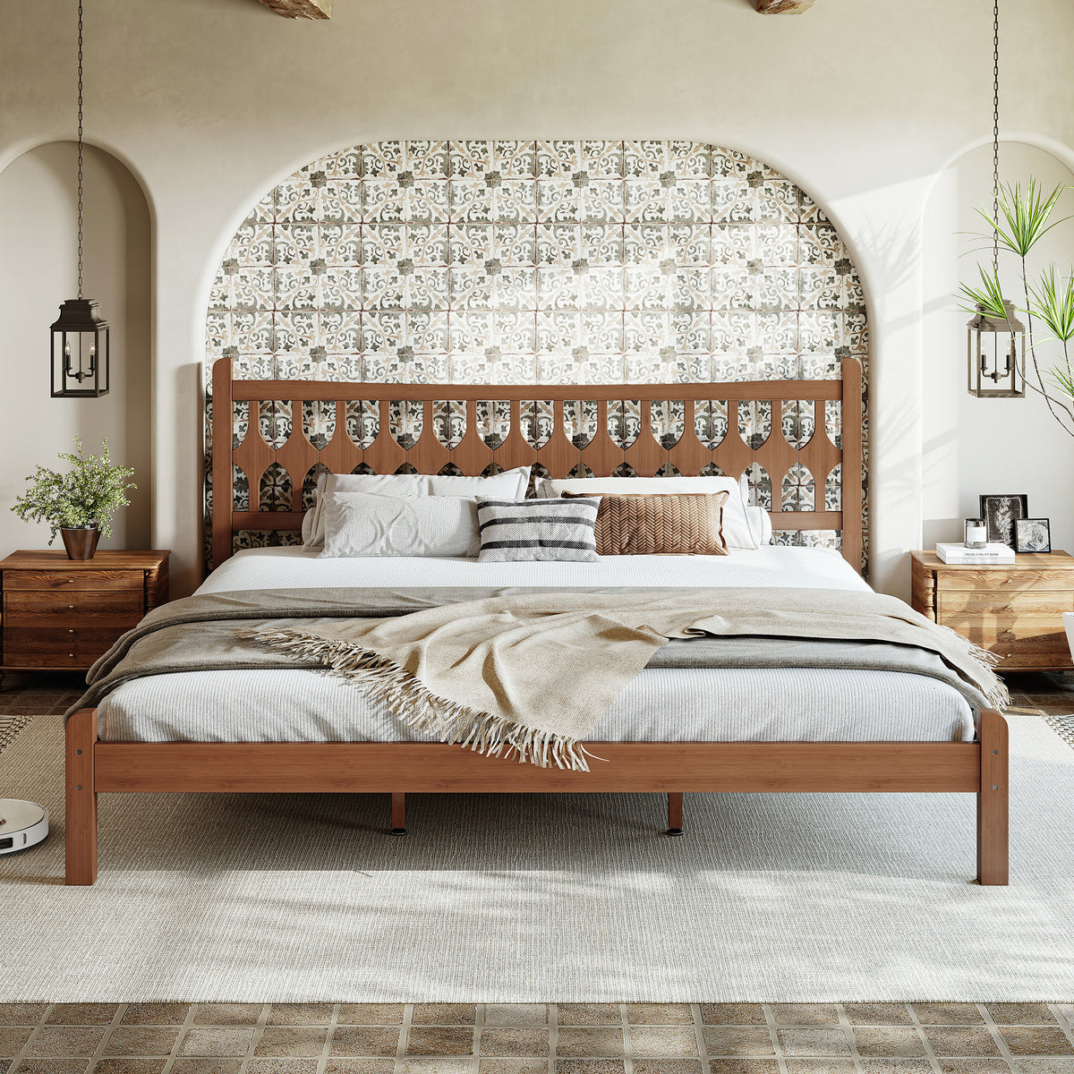 King Size Bamboo Platform Bed with Diamond-shaped headboard, Solid Bamboo-made Bed Frame with Support Slats, for Bedroom, Guest Rooms, Brown