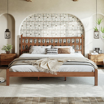 King Size Bamboo Platform Bed with Diamond-shaped headboard, Solid Bamboo-made Bed Frame with Support Slats, for Bedroom, Guest Rooms, Brown