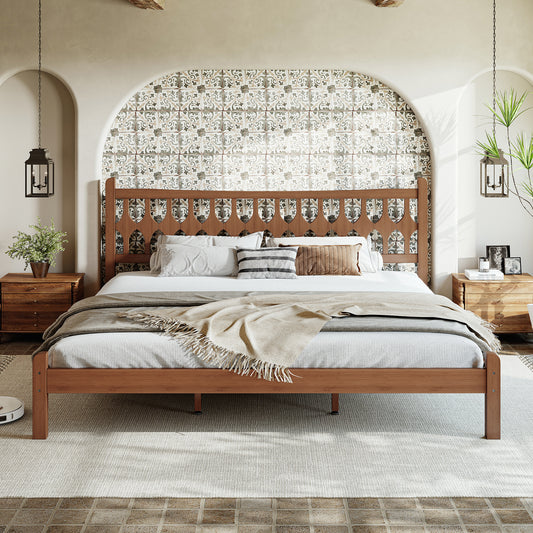 King Size Bamboo Platform Bed with Diamond-shaped headboard, Solid Bamboo-made Bed Frame with Support Slats, for Bedroom, Guest Rooms, Brown