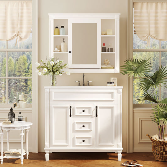 Modern 36'' Bathroom Vanity with Top Sink, Mirror Cabinet, White Solid Wood+MDF Storage Cabinet with 2 Soft-Closing Doors and 2 Drawers