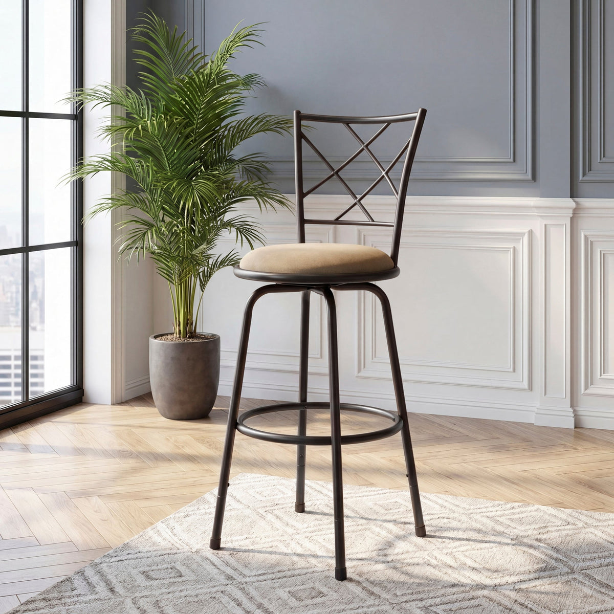 Set of 3 Convertible Chairs Swivel Counter Height, Pub Height Bar Stools Plush Rotating Seats Iron Frame Dark Brown Traditional Dining Furniture