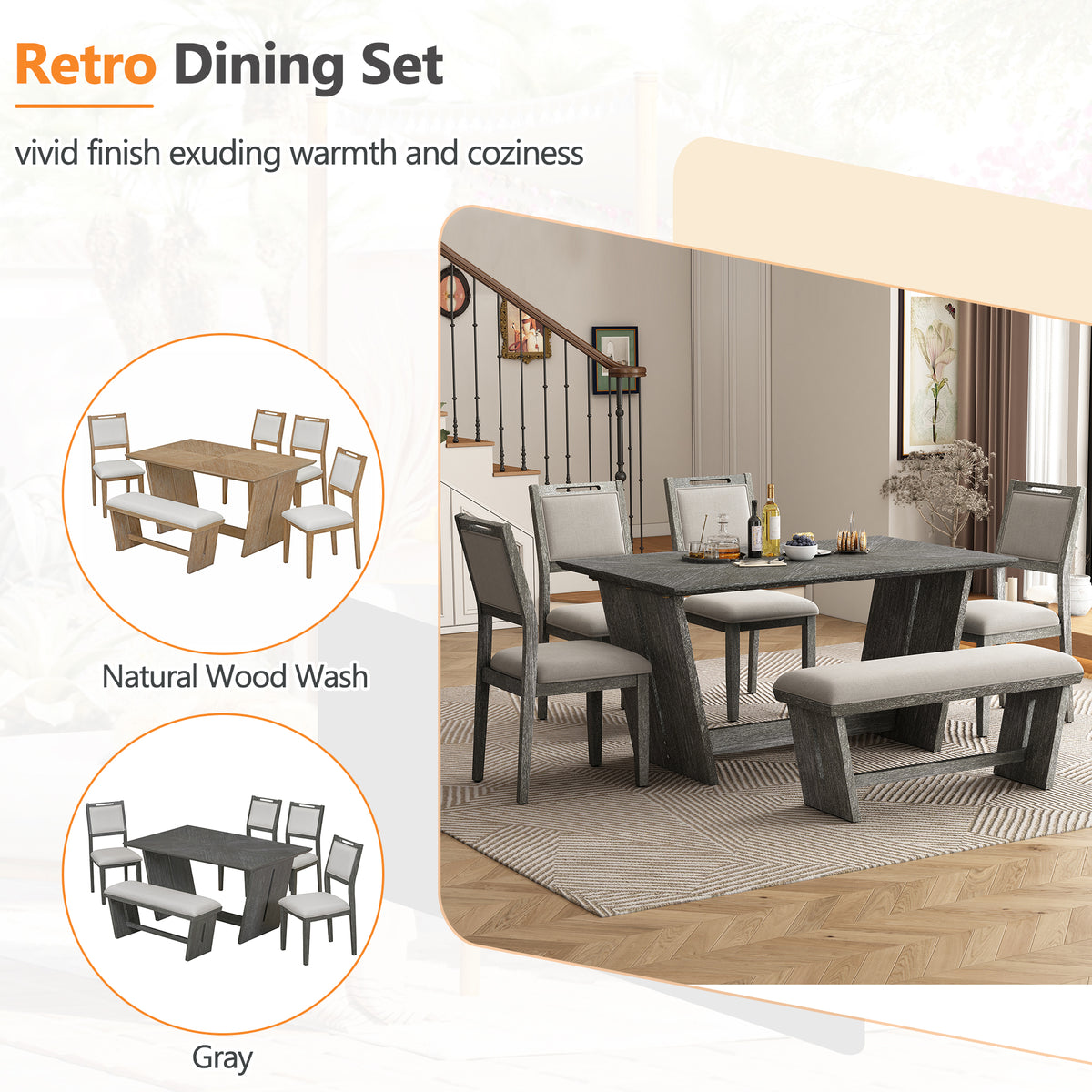 TREXM 6-Piece Retro Dining Table Set for 6, 60" Wood Kitchen Table and Chairs Set of 4 with Bench Designed Trestle Base - Gray – 102.3 Lbs