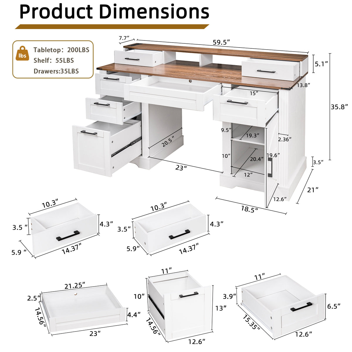 White Farmhouse Office Desk with Charging Station, Monitor Stand & Storage Cabinet, Barn Door Design, MDF, 59.5' L x 21' W x 35.8' H