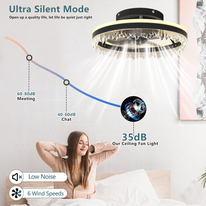 Modern LED Ceiling Fan with Light - 16'' Dimmable Ceiling Light with Invisible Blades and Crystal Design