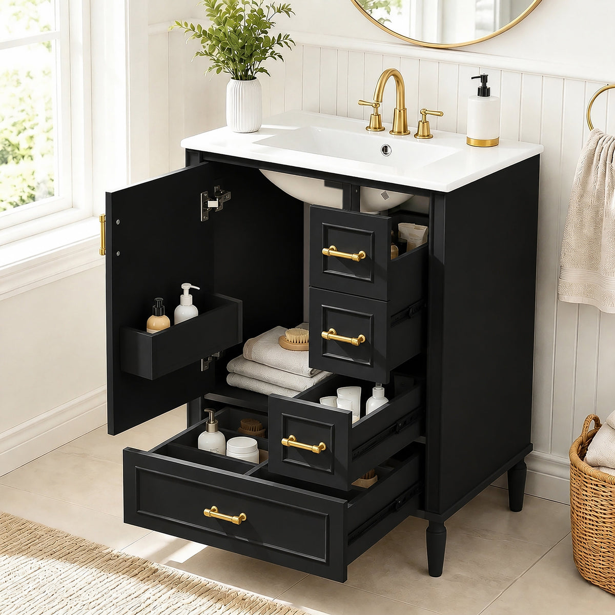 24' Modern Bathroom Vanity with Ceramic Sink, Soft-Close Door, 3 Drawers, Gold Handles, and Door-Mounted Rack for Space-Saving Storage(Old SKU:N729P373272B)