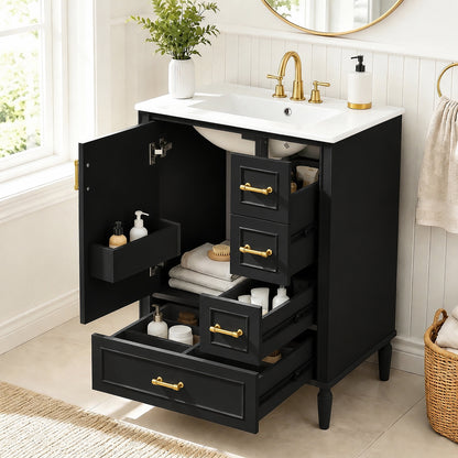 24' Modern Bathroom Vanity with Ceramic Sink, Soft-Close Door, 3 Drawers, Gold Handles, and Door-Mounted Rack for Space-Saving Storage(Old SKU:N729P373272B)