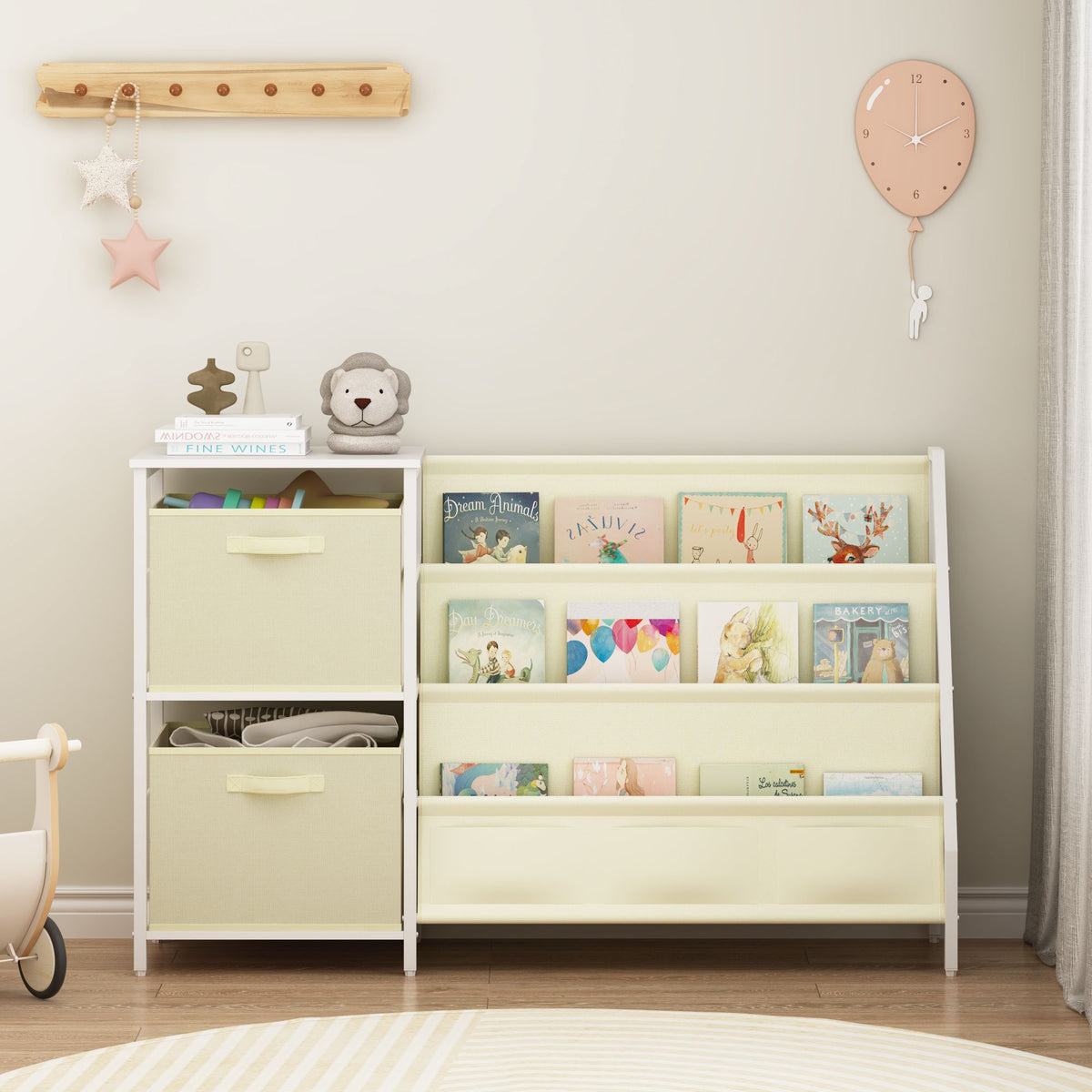 Kids Bookshelf with 3-Tier Front-Facing Book Display, 2 Storage Bins and Bottom Cabinet, Children's Bookcase Organizer for Bedroom, Playroom and Nursery