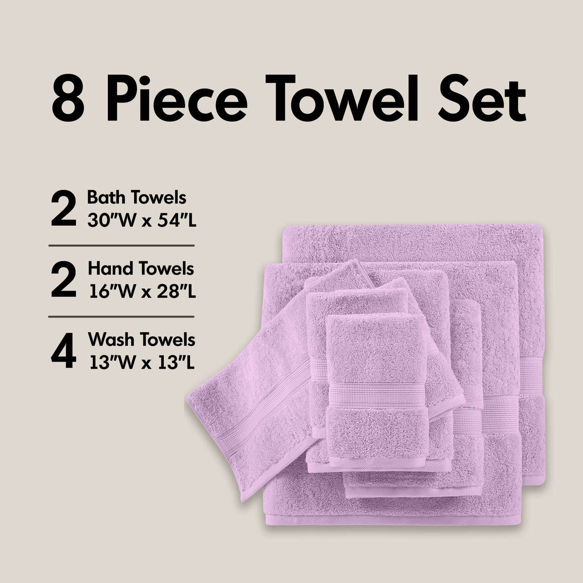 8-Piece Ultra-Soft 100% Cotton Absorbent Towel Set, Lilac