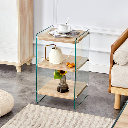 Three levels of bedside tables. The board surface is MDF, with wood grain stickers, and both sides are transparent tempered glass. The design is simple and generous, with storage function.W1151P183690