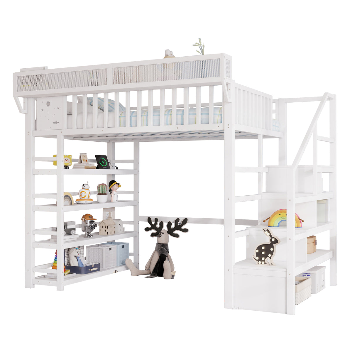 Full Loft Bed with 4 Shelf Storage Rack and Charging Station,Metal Full Loft Bed with Stairs Storage for Kids Teens, Patent Products,White(Old skuW2580S00075)