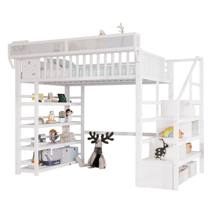 Full Loft Bed with 4 Shelf Storage Rack and Charging Station,Metal Full Loft Bed with Stairs Storage for Kids Teens, Patent Products,White(Old skuW2580S00075)