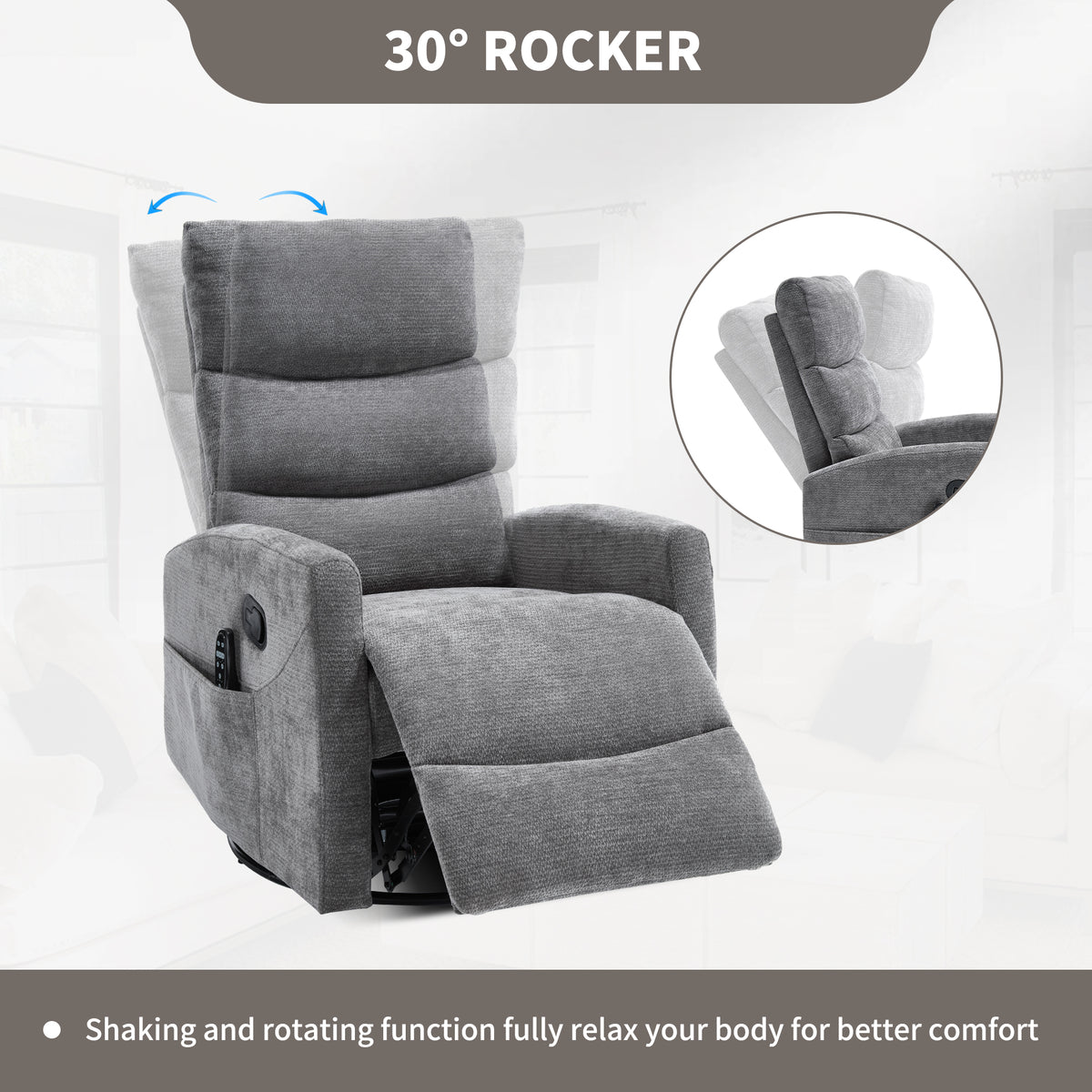 Heat Massage Manual Recliner Chair with Rocker and Swivel in Fabric, Grey – Model W3224P322251