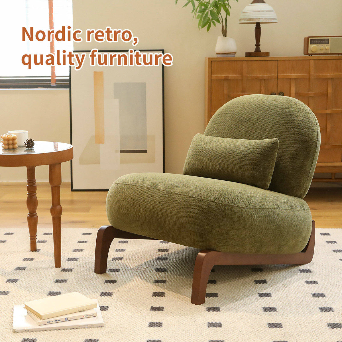Cute Accent Chair with Solid Wood Legs, Velvet Living Room Chair with Soft Cushion, Cozy Bedroom Chair, Comfy Armless Reading Chair - Green – Model W2105P379653