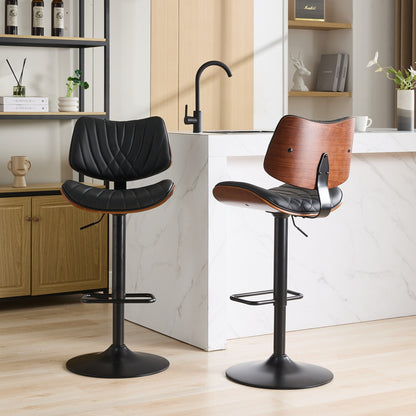 Walnut Bentwood Bar Stools Mid Century Modern Adjustable Counter Height Black Leather Upholstered 360°Swivel Bar Chairs for Kitchen – Model W1143P173514