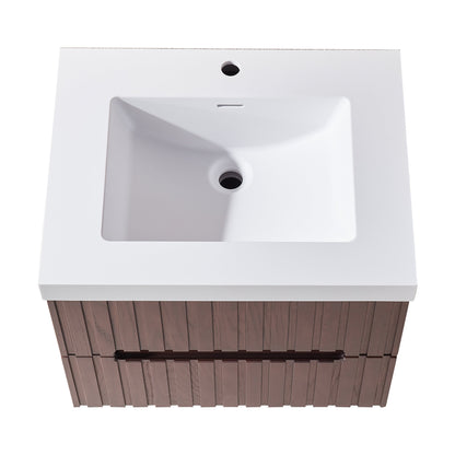 24' Wall Mounted & Floating Single Dark Walnut Bathroom Vanity with Acrylic Integrated White Basin, Pre-assembled Plywood Cabinet With 2 Drawers