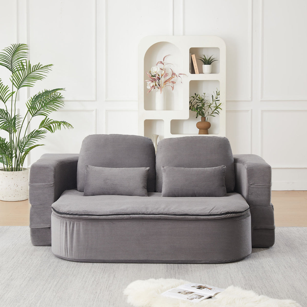 75'' 2-in-1 Foldable Sofa Bed with Multi-Functional Blanket in Grey Corduroy, Convertible Floor Lounge for Living Room Bedroom Studio