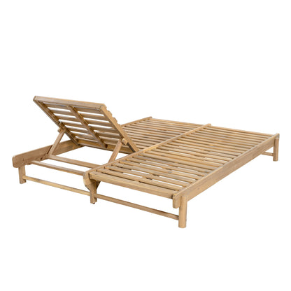 Light Teak Acacia Wood Double Chaise Lounger Set: 1 Frame + 2 Dark Grey Cushions, 800 lbs Capacity, 3-Position Adjustable Backrest, 4" Thick 2-Fold Water-Resistant Cushions for Patio Poolside Backyard