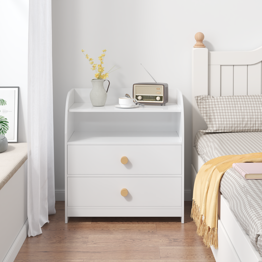 White Nightstand with 2 Drawers and Open Shelf, MDF Bedside Table with Curved Side Panels, Modern End Table for Bedroom, Kids Room, Nursery, Living Room, Storage Cabinet for Adults and Children