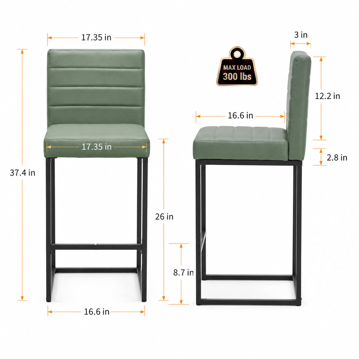 25.6 Inch Counter Height Bar Stools Set of 2 with PU Cushion and Back Modern Bar Chairs for Kitchen Island Counter with Metal Leg for Restaurant Dining Room Office, Green and Black.W2920P462102