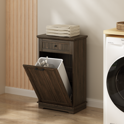 10 Gallon Tilt Out Trash Cabinet Freestanding Trash Bin Cabinet Wood Garbage Recycling Cabinet with Hideaway Drawer Pet Proof Trash Can Holder for Kitchen Living Room, Antique Brown (not include can)