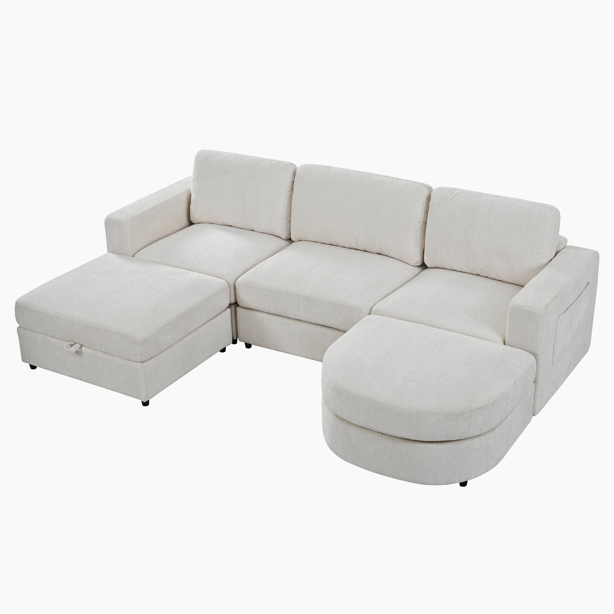 U-Style 102.4" U Shaped Sectional Sofa, Chenille Modular Couch with Curved Ottoman & Storage Ottoman, 3 Seater Sofa with Drop Down Console and 2 Cup Holders, Solid Pine Wood Frame for Living Room