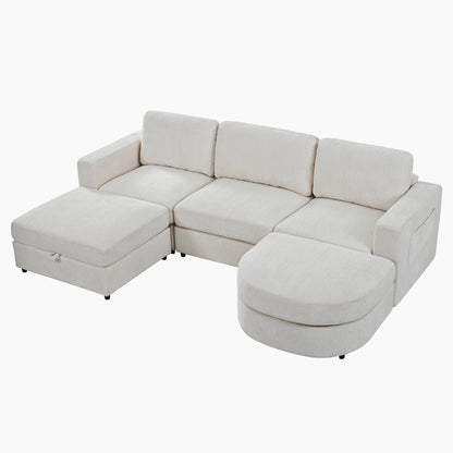 U-Style 102.4" U Shaped Sectional Sofa, Chenille Modular Couch with Curved Ottoman & Storage Ottoman, 3 Seater Sofa with Drop Down Console and 2 Cup Holders, Solid Pine Wood Frame for Living Room