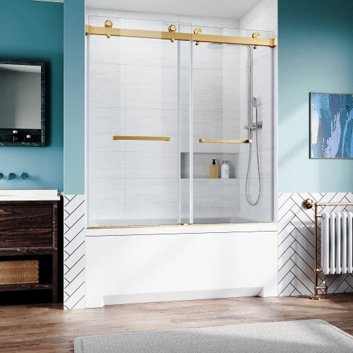 Brushed Gold 56-60 in.W x 62 in.H 1/4"(6mm) Frameless Sliding Bathtub Door Bypass Tub Glass Sliding Shower Doors Clear Tempered Glass,Heavy Duty Stainless Steel Hardwares 2pcs Rectangle Handles,
