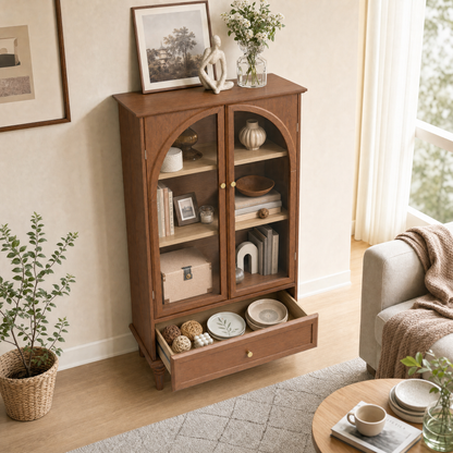 Vintage Farmhouse Arched Glass Accent Cabinet, MDF Real Wood Veneer Display Storage Cabinet with Solid Wood Legs, Adjustable Shelves & Drawer, Antique Glaze Finish
