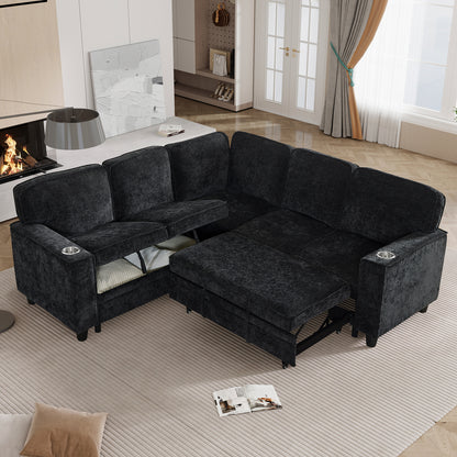L-Shaped Sofa with Pull Out Sofa Bed, Sleeper Sofa Couch Bed with Storage Seat, 5 Seat Sectional Sofa Bed with USB, Sectional Sofa Couch