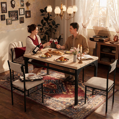 5-Piece Dining Table Set for 4, 47.24" Dining Table with 4 Upholstered Linen-Look Chairs, Black Metal Frames, Modern Kitchen & Dining Room Furniture
