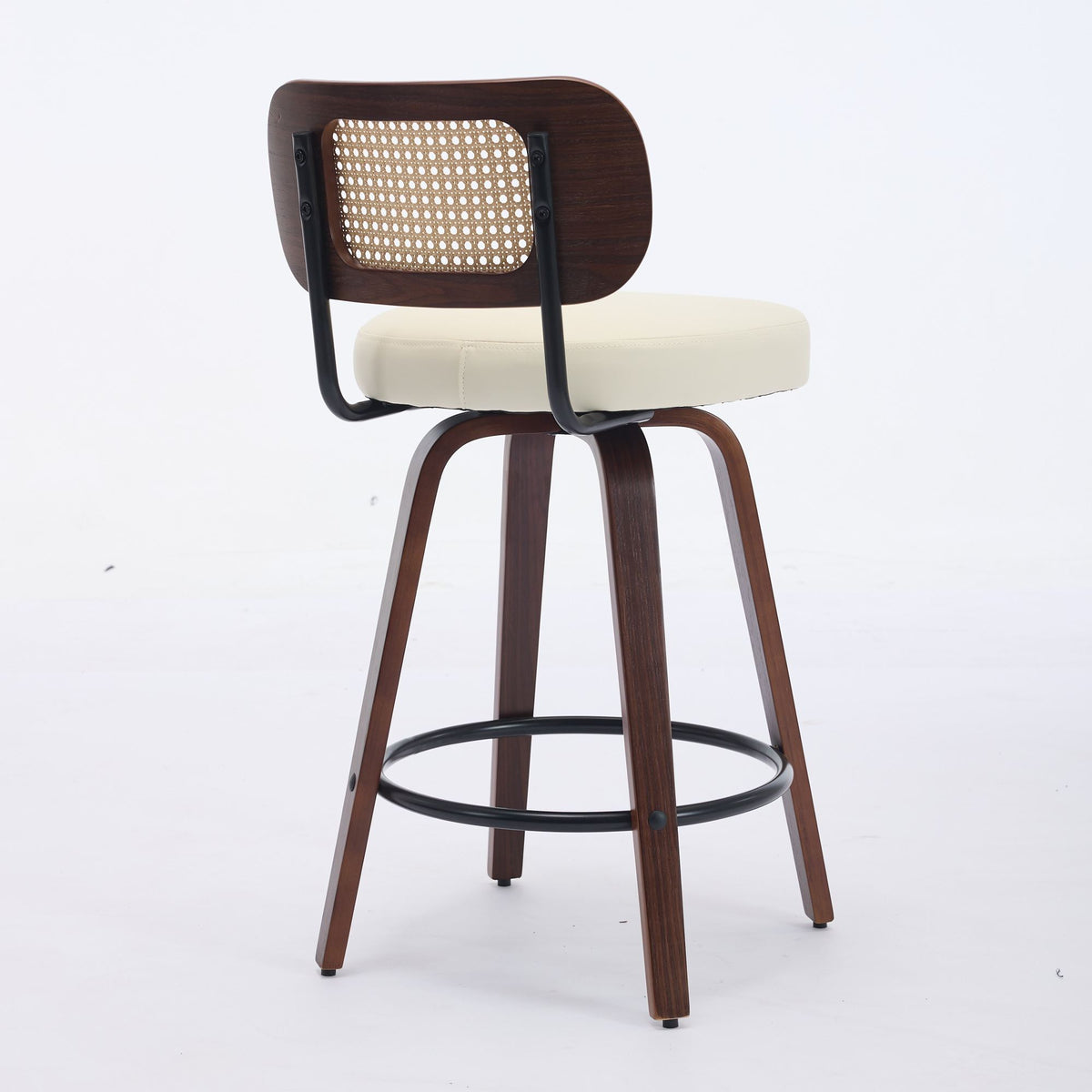 Set of 2 Counter Height Bar Stools - 26 inch Rattan Counter Height Stools with Cane Back, Upholstered Seat, Walnut Craftsmanship, Swivel Counter Stools for Island/Kitchen/Counter/Bar (Walnut /Beige)