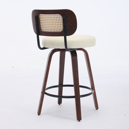 Set of 2 Counter Height Bar Stools - 26 inch Rattan Counter Height Stools with Cane Back, Upholstered Seat, Walnut Craftsmanship, Swivel Counter Stools for Island/Kitchen/Counter/Bar (Walnut /Beige)