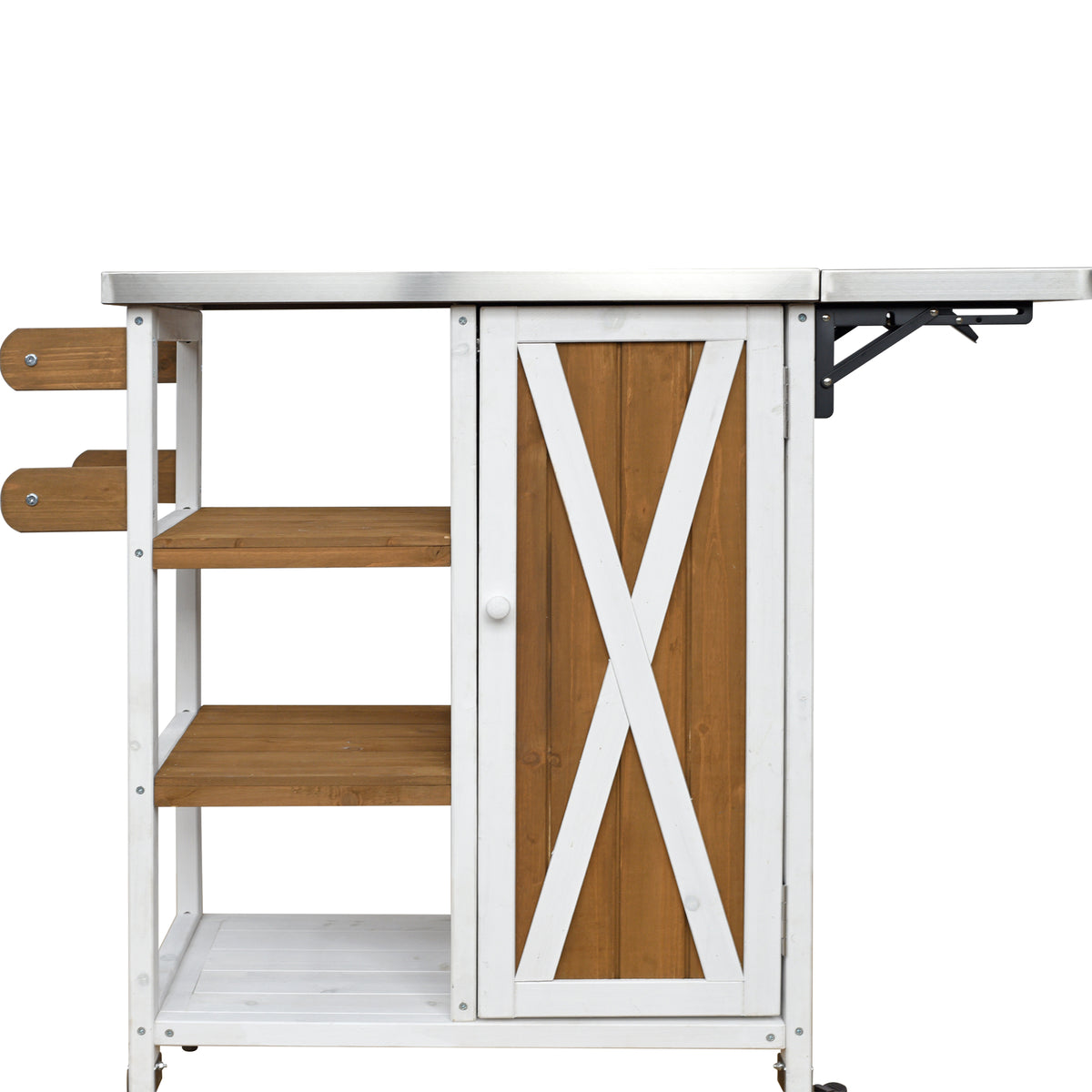 Foldable Outdoor Kitchen Island with Stainless Steel Worktop and Wood Frame, White+Brown, Portable Prep Station