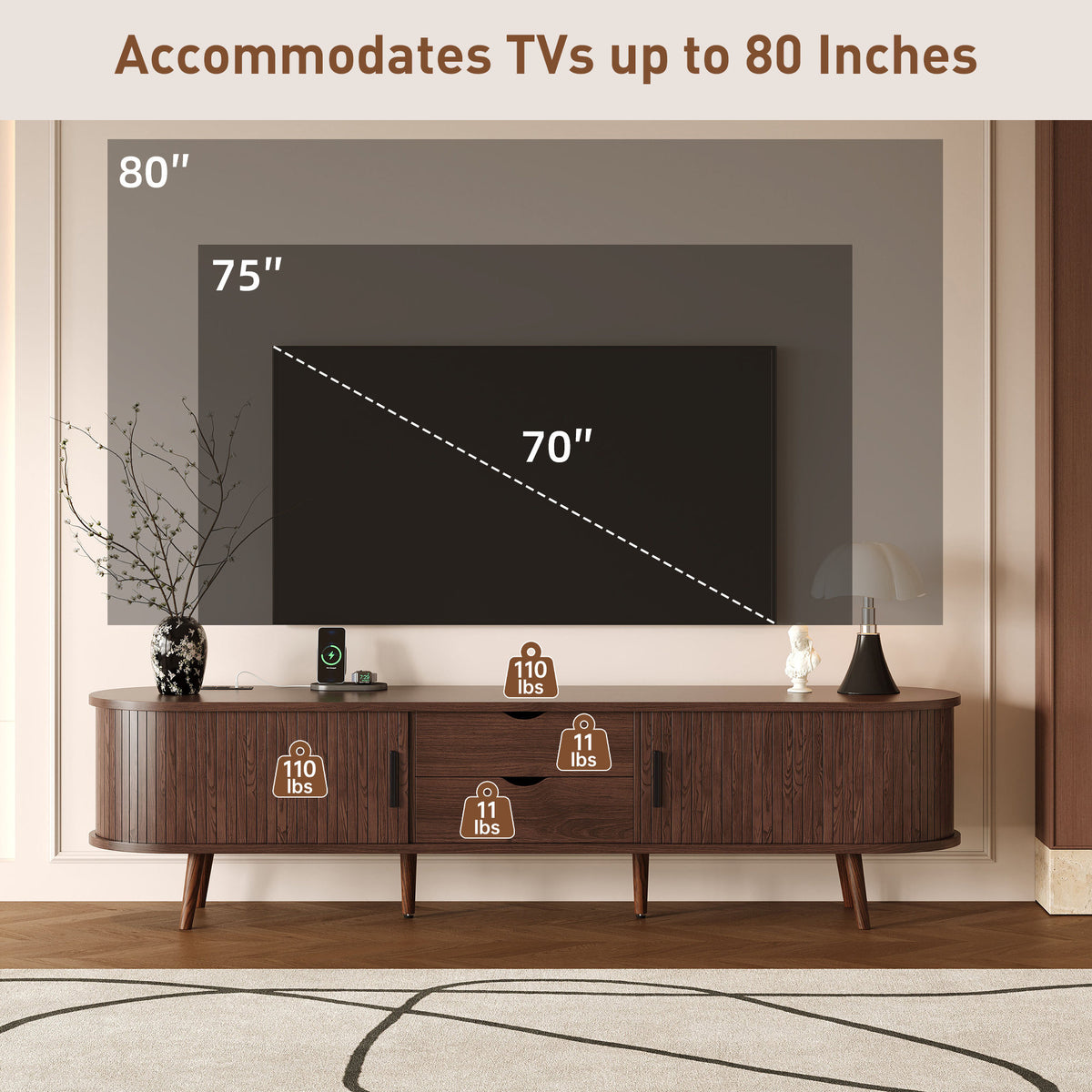 Mid Century Modern TV Stand for 70-Inch TV, Dark Brown MDF & Solid Wood Console with Tambour Doors, Drawers and Built-in Power Outlet