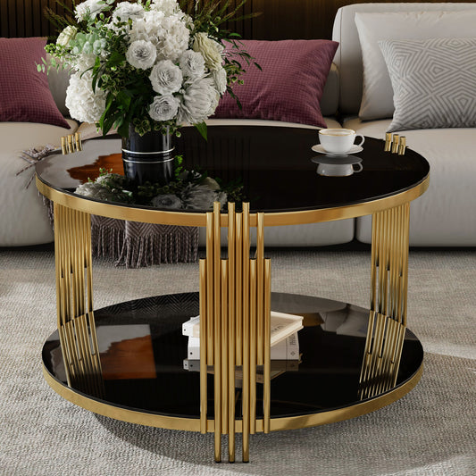 Modern Black Mirror Coffee Table, Asymmetrical Metal, Circular Metal Drum Base, Gold Finish & Lower Shelf