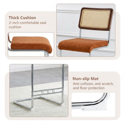 Natural Woven Bar Stool 2-Piece Set with Solid Wood Backrest 25 Inches Medieval Modern Style Counter Stool Coffee Color Velvet Kitchen Stool Chrome Metal Legs.