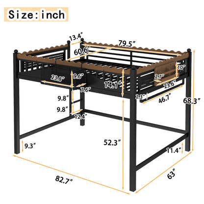 Queen Size Loft Bed with Ladders, Metal Loft Bed with Storage Shelves and bookshelf, No Box Spring Needed and Chic Design, Black