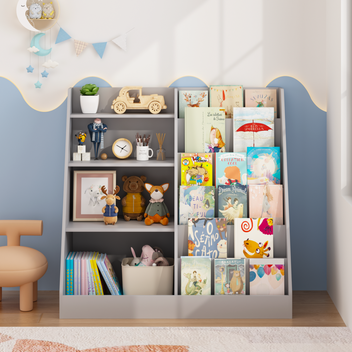 Kids Bookshelf and Toy Storage Organizer, Multifunctional 4 Tier Wooden Kids Book Shelf with Bookcase Display Stand, Children, Toddlers - Gray – Model W808P434870