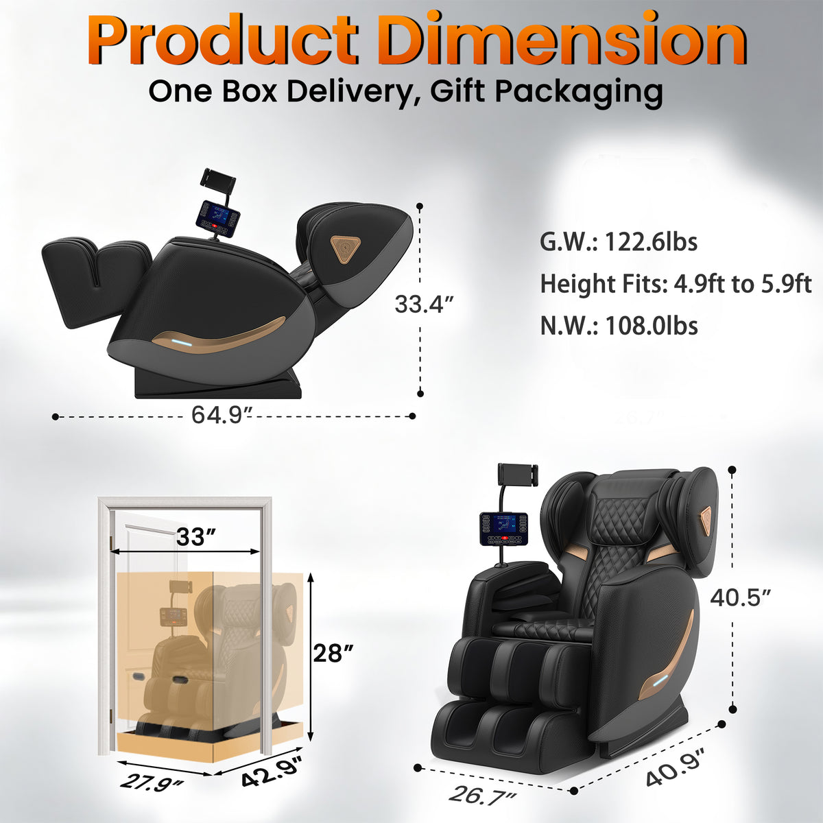 Massage Chair Full Body and Recliner, Zero Gravity Massage Chairs, 10 Fix Rollers, Airbags, Heating, Foot Massage, Auto Modes, Bluetooth Speaker and Touch Control Screen for Home and Office