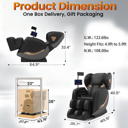 Massage Chair Full Body and Recliner, Zero Gravity Massage Chairs, 10 Fix Rollers, Airbags, Heating, Foot Massage, Auto Modes, Bluetooth Speaker and Touch Control Screen for Home and Office
