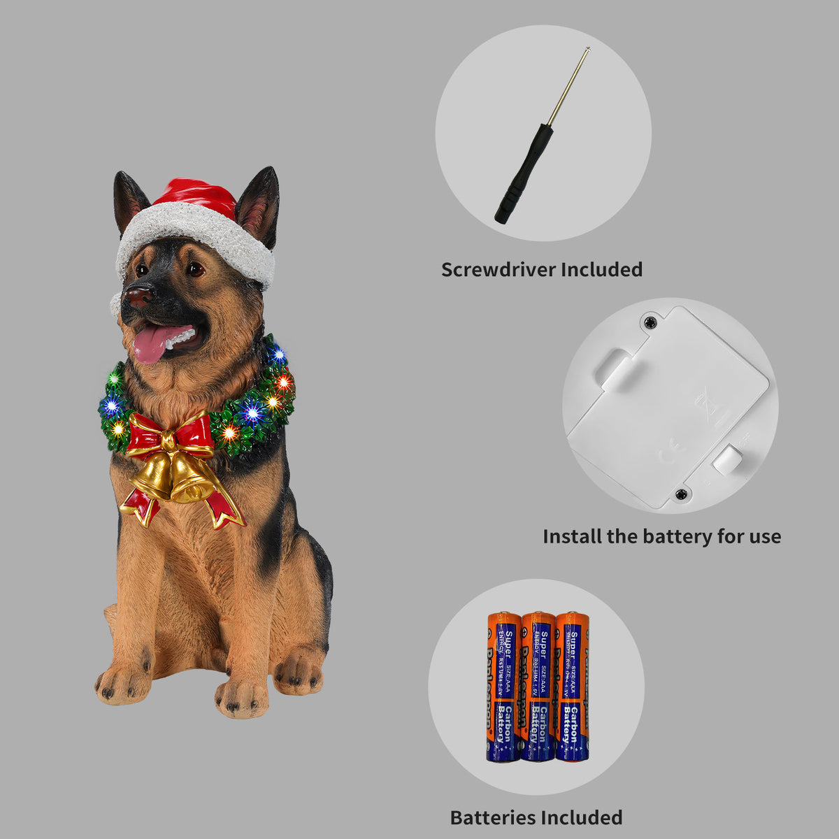 Lighted Christmas German Shepherd Dog Statue, Santa Hat Puppy Figurine with LED Wreath and Bells