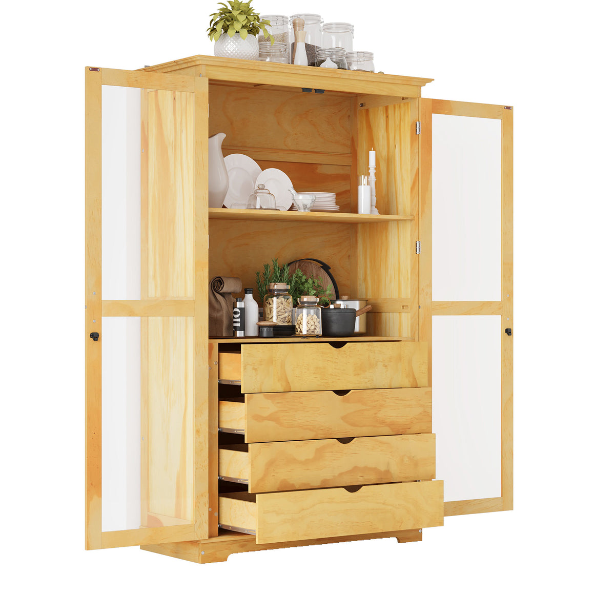 TOPMAX 44.7x20x75inch Kitchen Pantry, Freestanding Kitchen Storage Cabinet Display Cabinet with Glass Doors and 4 Built-in Drawers, Natural