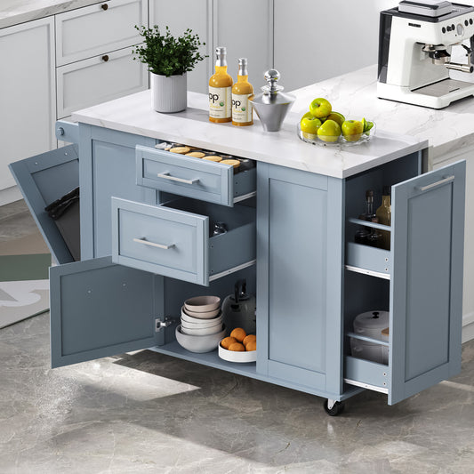 K&K 50.7' Kitchen Island with Storage Tilt Trash Can Cabinet and Pull Out Cabinet Organizer, Rolling Kitchen Island on 5 Wheels with Drop Leaf, 2 Drawers, 1Door for Kitchen, Dining Room, Grey Blue