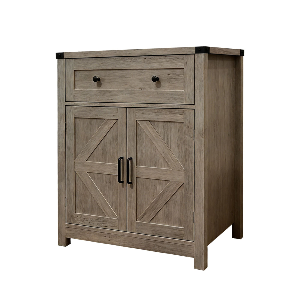 Light Gray-Washed Wood Farmhouse Barn-Door Storage Cabinet, Coffee Bar Buffet Sideboard with Drawer